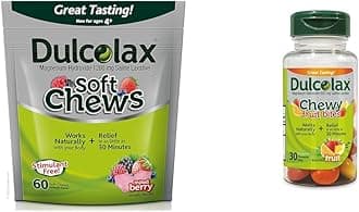 Dulcolax Soft Chews Saline Laxative Mixed Berry (60ct) Gentle Constipation Relief, Magnesium Hydroxide 1200mg & Chewy Fruit Bites, Saline Laxative, Assorted Fruit (30ct) Cramp-Free Constipation Relief