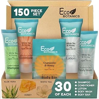 Eco Botanics Hotel Soaps and Toiletries Bulk Set | 1-Shoppe All-In-Kit Amenities for Hotels | 0.85oz Hotel Shampoo & Conditioner, Body Wash, Body Lotion & 0.89oz Bar Soap Travel Size | 150 Pieces