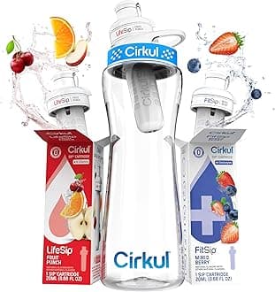 Cirkul 22oz. BPA-Free Plastic Water Bottle Starter Kit with Blue Lid, 2 Flavor Cartridges (1 LifeSip Fruit Punch, 1 FitSip Mixed Berry) No Sugar, Zero Calorie Drink Mix