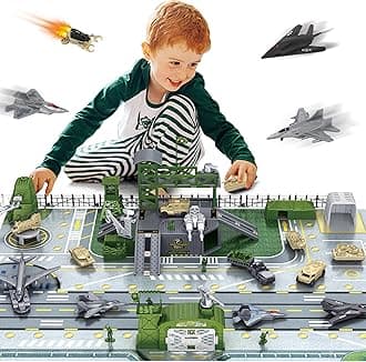 Military Base Toy, Army Toys Set with 13 Vehicles Airplane Tank Trucks Helicopter Fighter Jet, Play Mat with Army Men Action Figures and Accessories, Birthday Gift for Kids