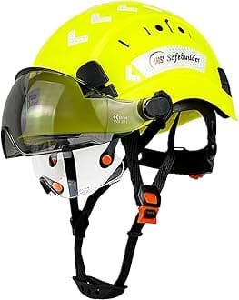 Safety Helmet Hard Hat with Visor Clear & Tinted Adjustable Vented ABS Work Helmet 6-Point Suspension ANSI Z89.1 Approved for Industrial (Fluorescent Yellow Hat with Clear & Tinted Visor)